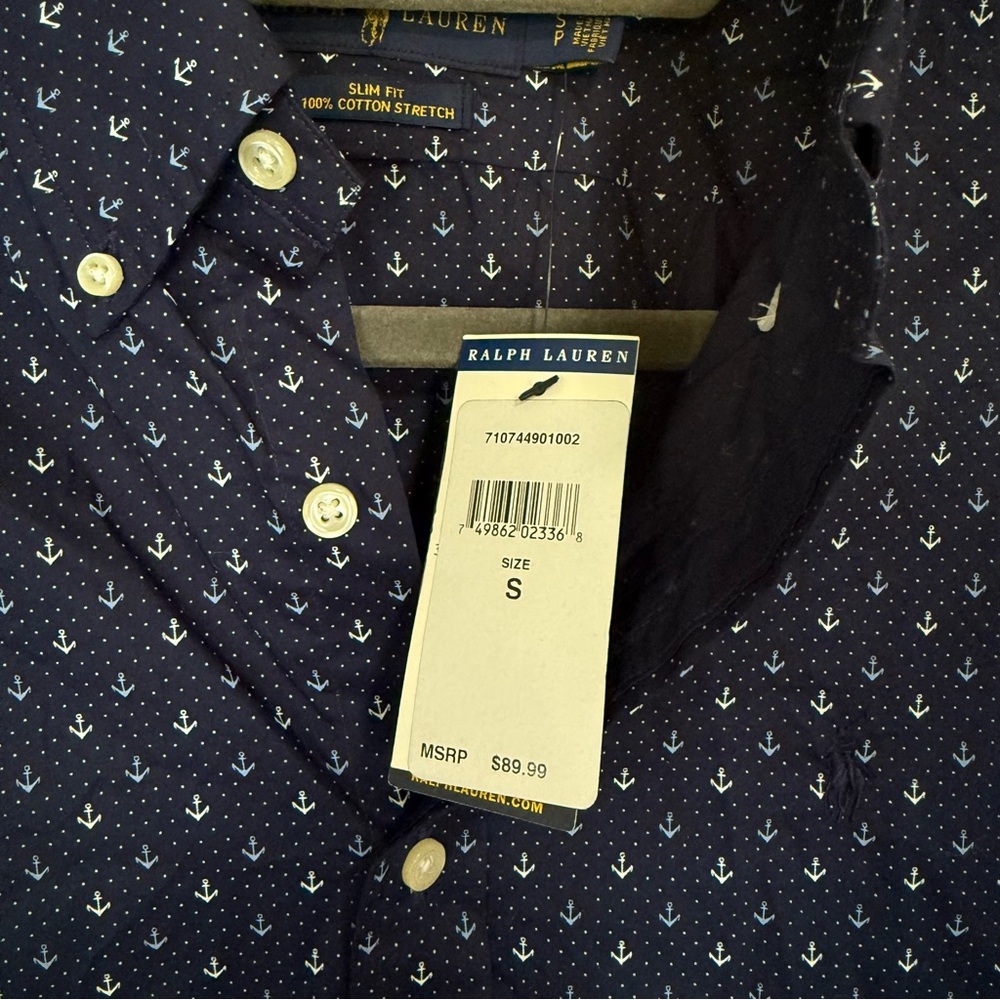 NWT Ralph Lauren Slim Fit Anchor Print Shirt Navy Blue Cotton Stretch Mens Small - Picture 3 of 10